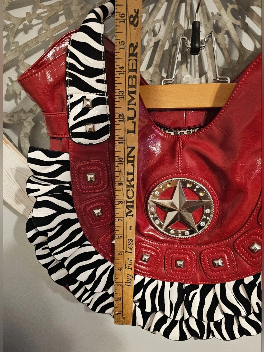 Fun, Fun, Red Star Accent Handbag with Zebra Ruffle Trim